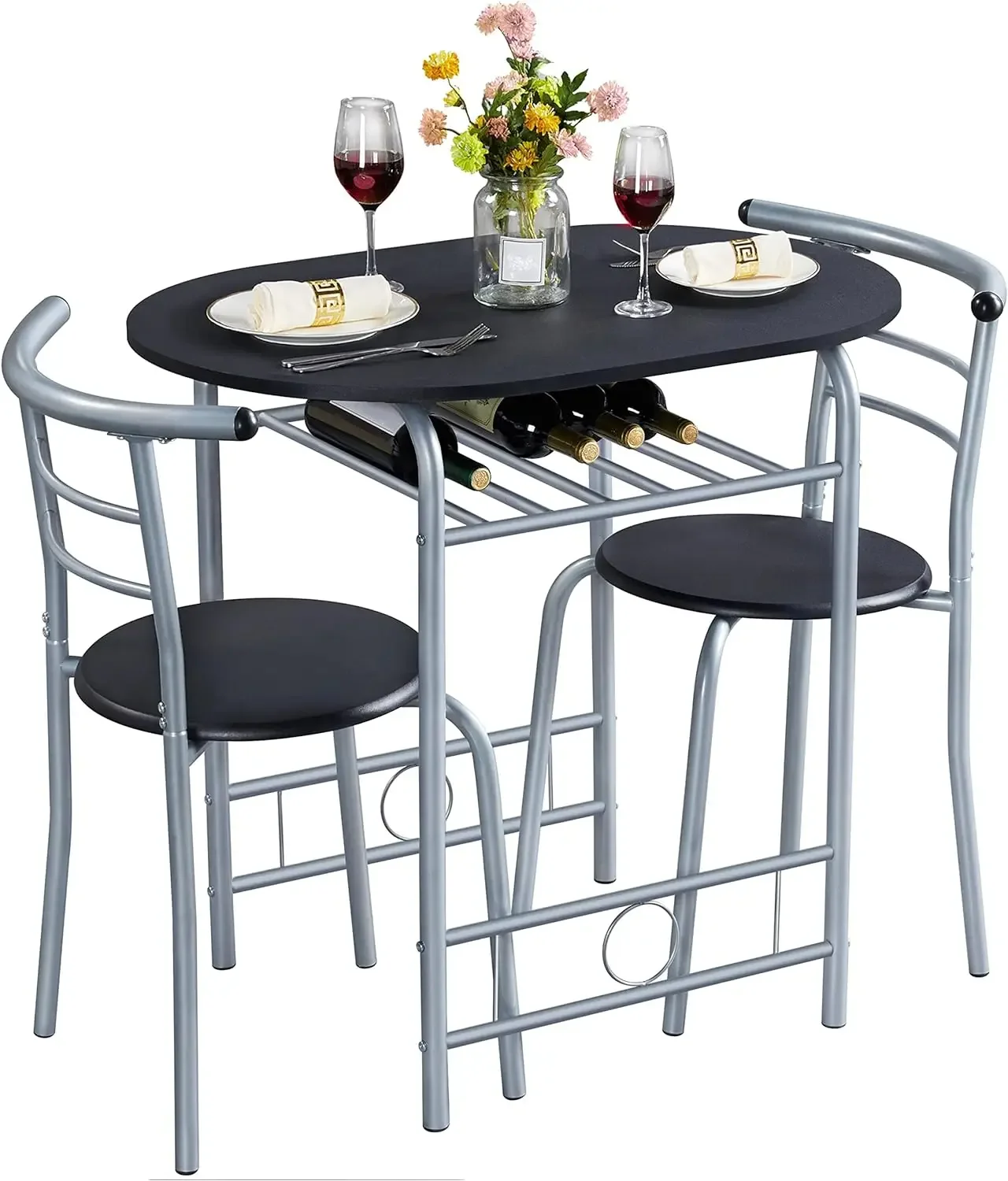 

3-Piece Dining Room Table Set, Kitchen Table & Chair Sets for 2, Compact Table Set w/Steel Legs, Built-in Wine Rack fo Breakfast