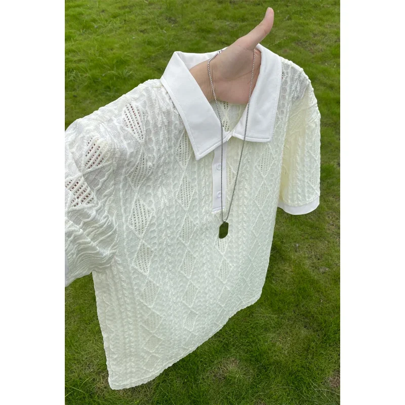 Men Partial Button Polo Collar Short Sleeve Top Diamond Jacquard Embossed Weave Relaxed Oversized For Layered Summer Outfit