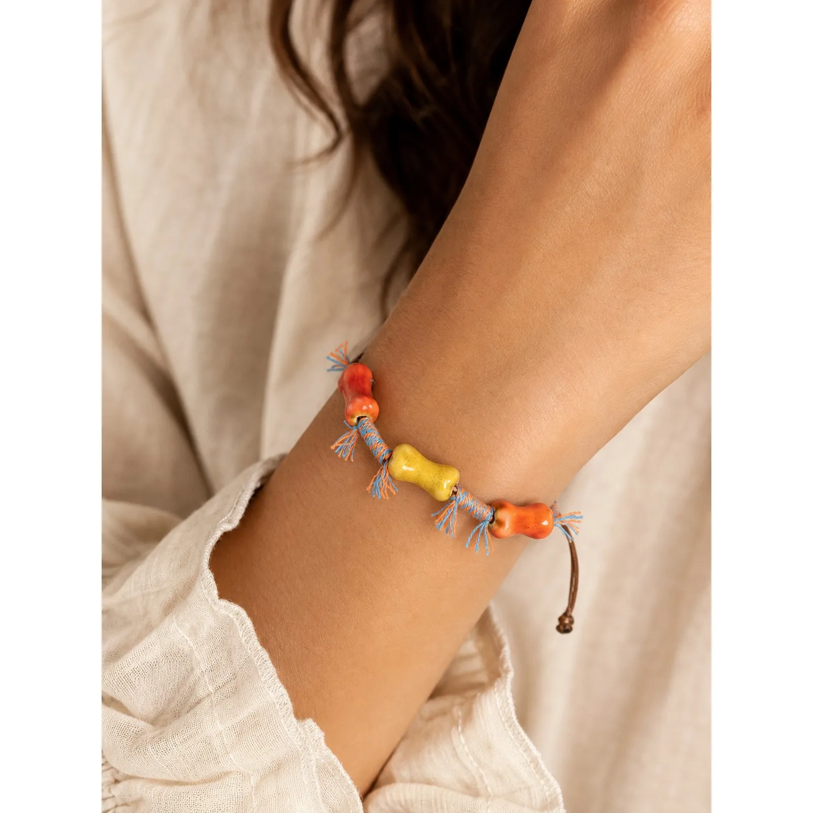 Handmade Ceramic Bone Bead Bracelet with Tri-Color Beads and Wax Cord Hand Woven Adjustable Jewelry Y260705-16