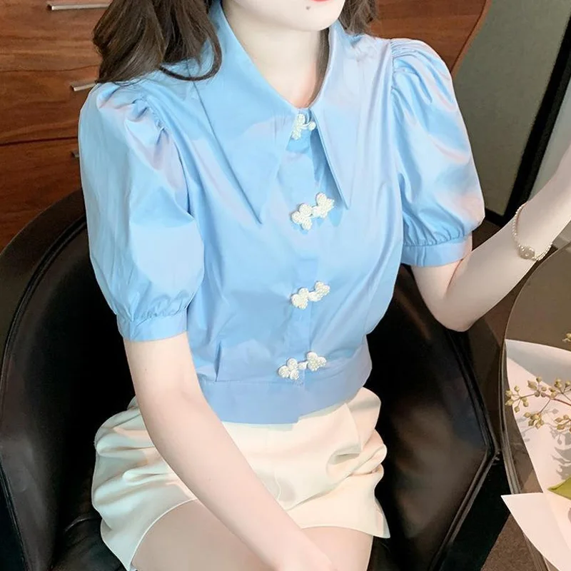 Sweet Short Pleated Blouse Summer New Polo Neck Short Sleeve Solid All-match Elegant Shirt Tops Fashion Korean Women Clothing