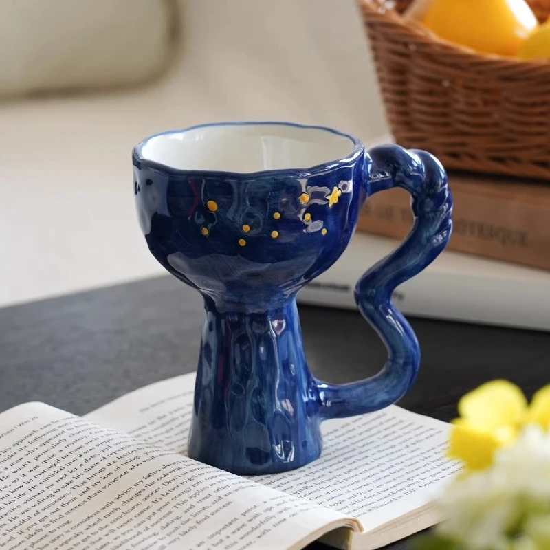 

Ceramic High Footed Cup Home Breakfast Milk Cup Office Exquisite Coffee Cup Handmade Starry Sky Goblet Mug Unique Gift for Her