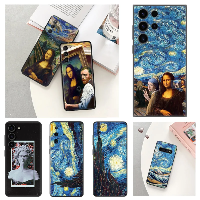 Phone Case For Samsung S24 Note20 Ultra S23 S22 S21 S20 Galaxy S10 Plus Mona Lisa Sad Girl Van Gogh Black Soft Anti-Drop Cover