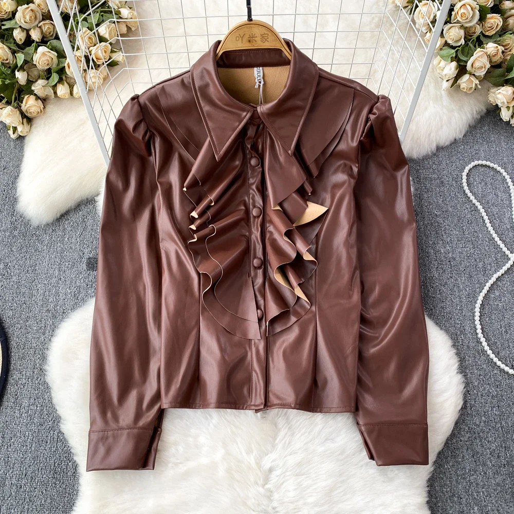 Nomikuma Autumn Winter Korean Long Sleeved Turn-down Collar Ruffle Edge Single Breasted PU Shirt Women\'s Casual Leather Top