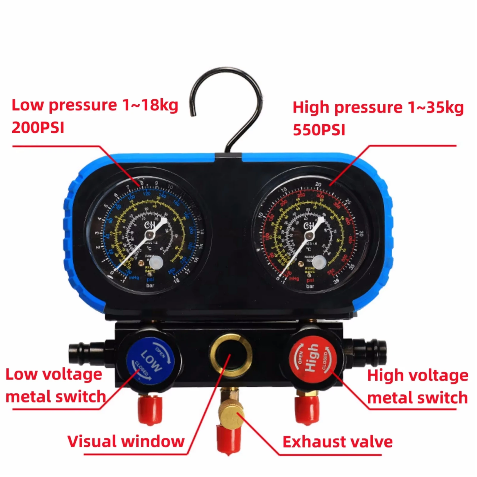 RV65F automobile A/C fluorinated pressure gauge, R134A universal refrigerant dual gauge valve 18/38BAR anti-collision kit