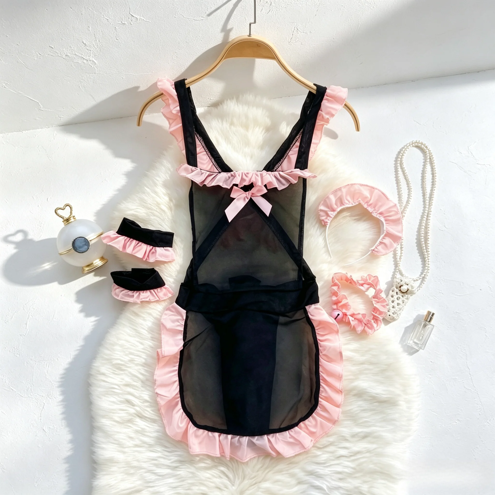 Women Lingerie Outfit Bodysuit Mesh Ruffled Apron Dress with Headband Cosplay Maid Costume Party Fancy French Clothing Elegance