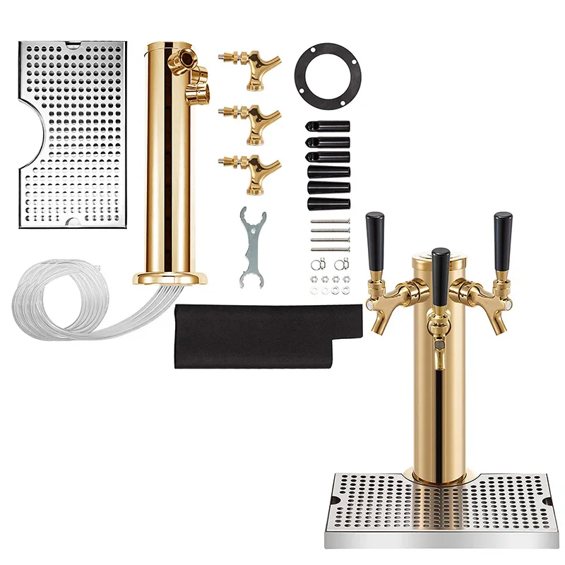 Stainless Steel Triple Taps Draft Beer Tower Dispenser with Drip Tray Keg Beer Tower Kegerator Tower Pre-Assembled Kit for Bar