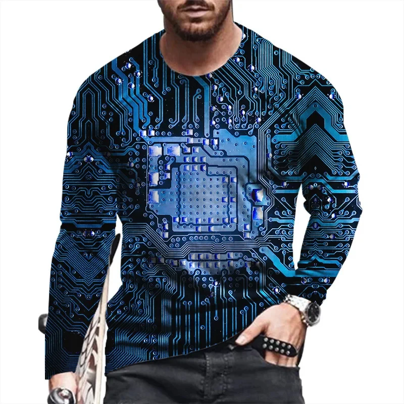 T Shirts Vintage Circuit Board Patterns 3D Print Streetwear Loose  Men Long Sleeve Harajuku Round Neck Oversized TShirt Clothing