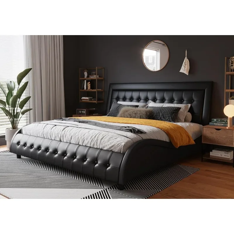 SHA CERLIN Tufted Platform Bed Frame/Faux Leather Upholstered Bed Frame with Adjustable Headboard/Wood Slat Support/Wave