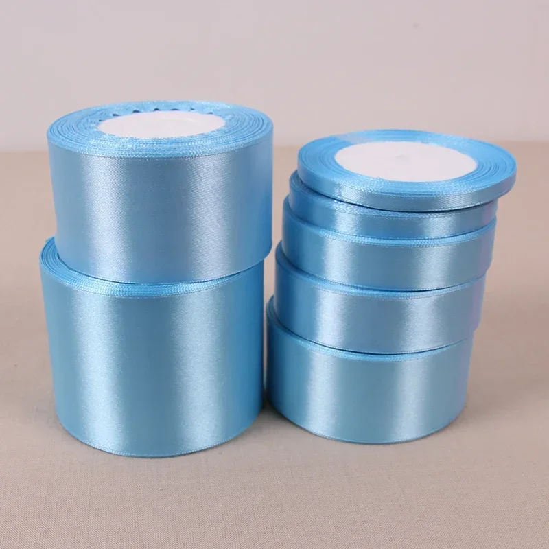 (25 Yards/roll) 10/15/20/25/40/50mm Sky Blue Satin Ribbon Party Decoration Gift Wrapping Christmas Ribbons DIY Crafts Material