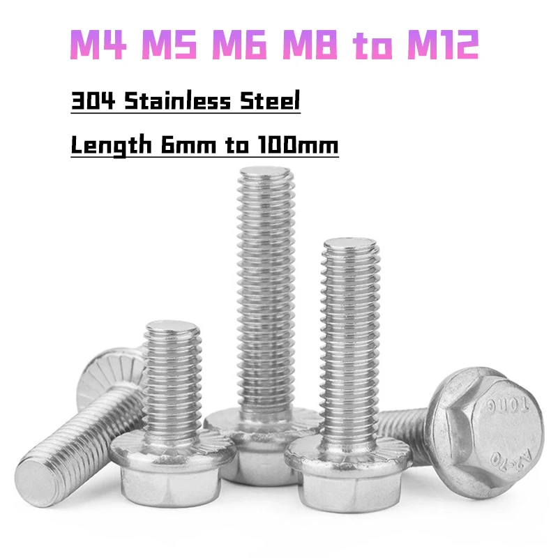 M4 M5 M6 M8 M10 M12 304 Stainless Steel Hex Flange Bolt Serrated Flange Washer Head Hexagon Bolt DIN6921/GB5787 L6mm to 100mm