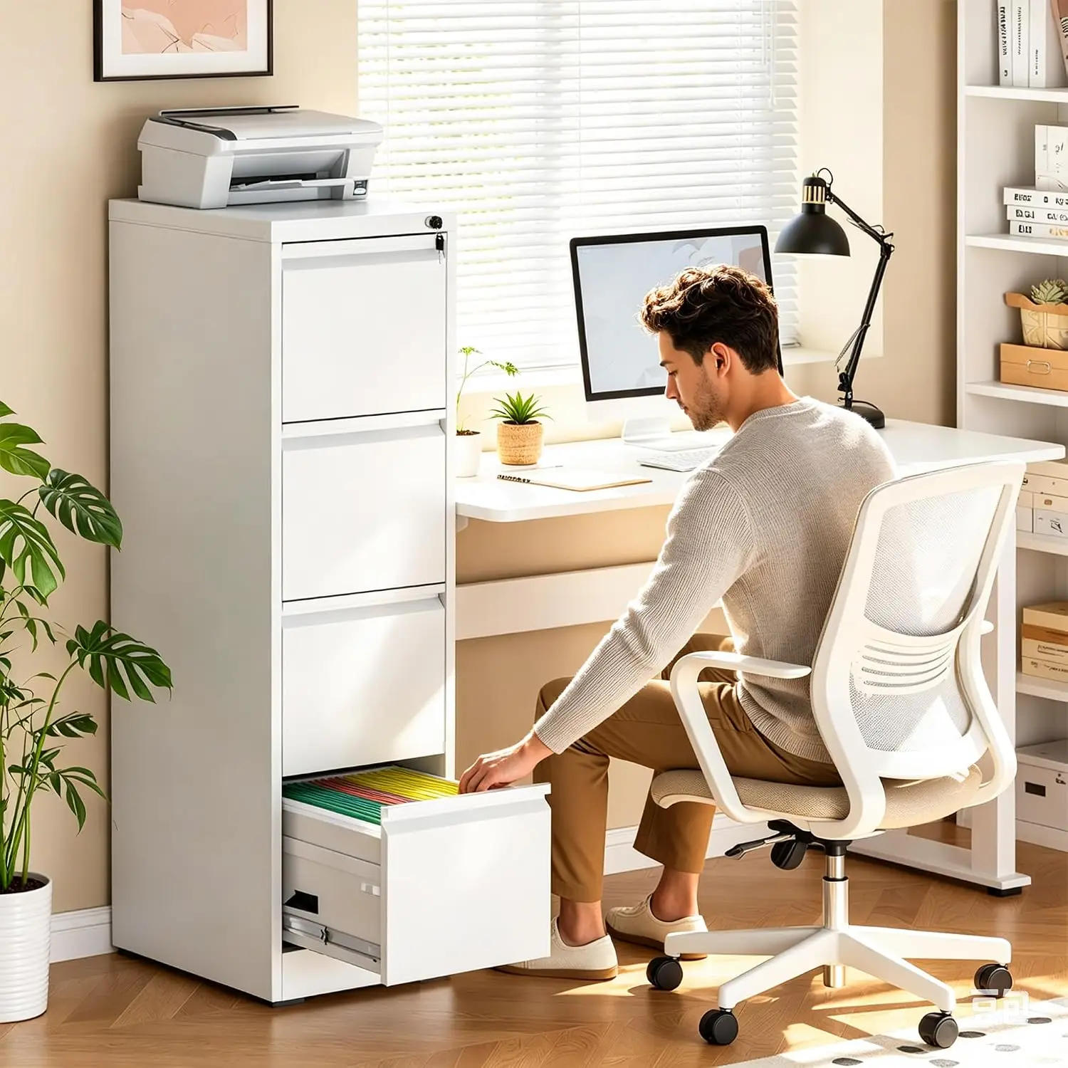 4-Drawer Metal Vertical File Cabinet with Lock & Hanging Files for A4/Legal/Letter, Home Office Storage, White, Customized