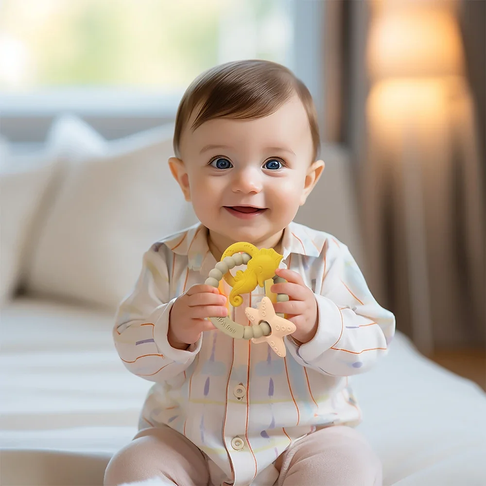 Silicone dentição anel com forma de animais para o bebê, sensorial mastigação brinquedos, bpa livre, entrega rápida