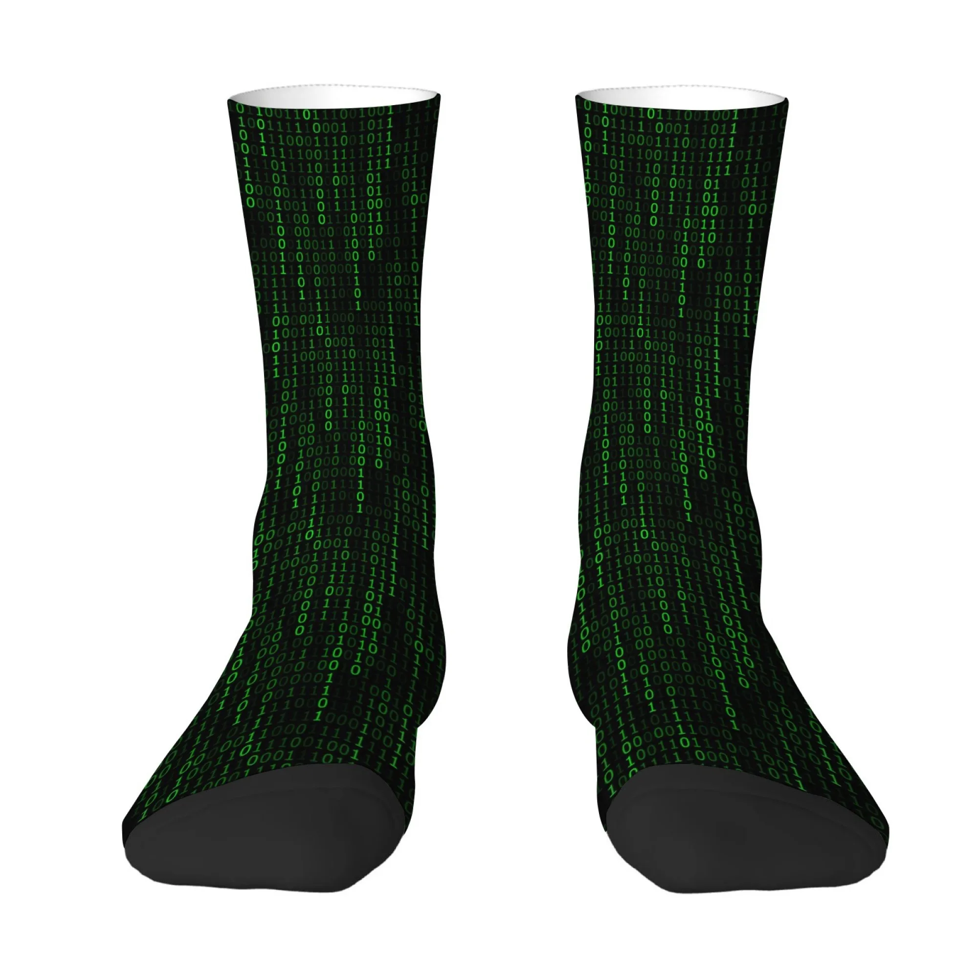 Hacker-inspired Design Mid-calf Socks Binary Code Print with Green Digital 01 Code Pattern Cyberpunk for IT Programmers Socks