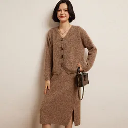 High Quality Fashion Suit Autumn Winter 100% Cashmere Knitted Sweater Women Cardigan And Skirt Two-Piece Female Girl Clothing