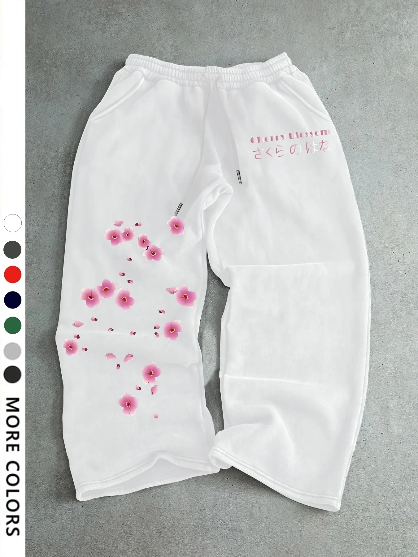 Men's Casual Sports Pants, Cherry Blossom Printed Sweatpants, Drawstring Wide Leg Casual Pants