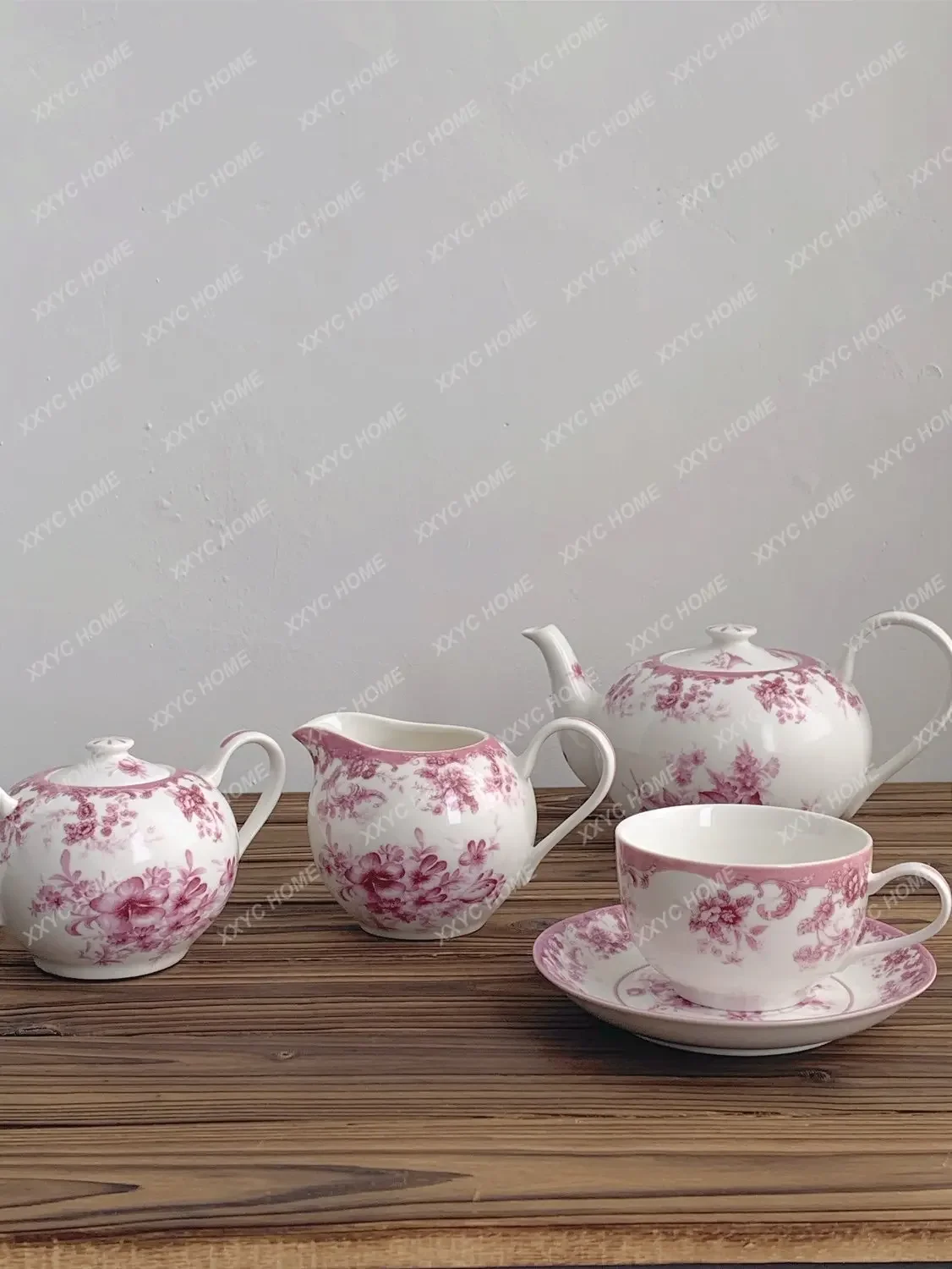 European-Style Retro Red Flower Ceramic Pot Milk Pot Sucrier Coffee Set a Set of Living Room Decoration