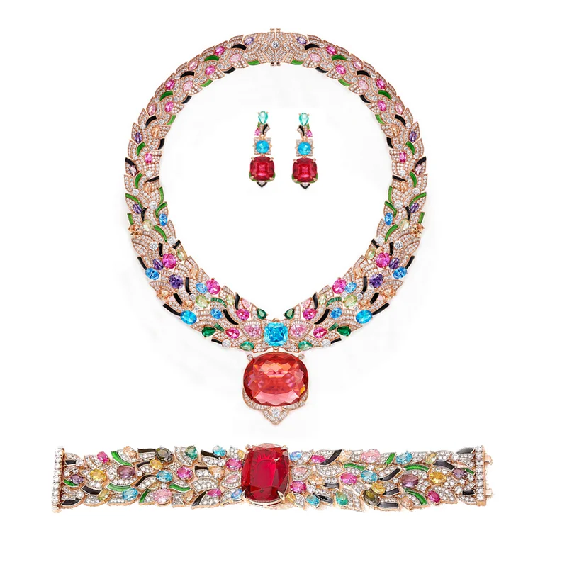 

Designer Collection Style Earrings Bracelet Necklace Inlay Colored Cubic Zircon Synthetic Ruby Colorful Party Jewelry Sets
