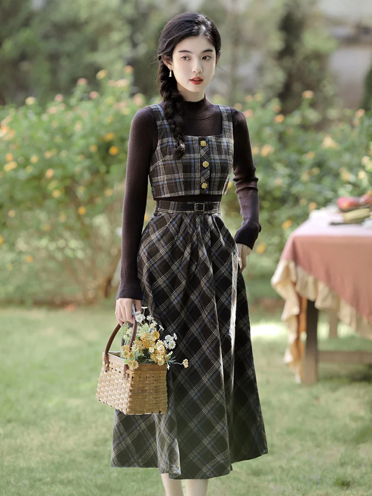 Stylish Elegant Plaid Three Piece Skirt Set Women Spring Autumn Long Sleeve Top and Long Skirts Korean Fashion Outfits