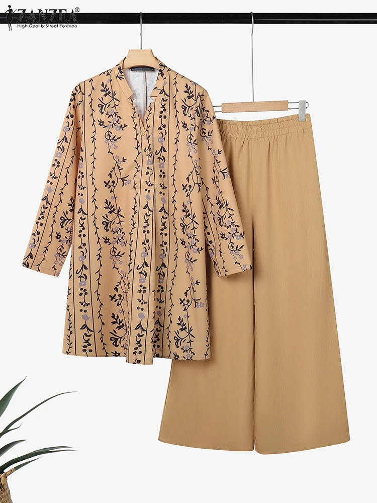 

2025 ZANZEA, модные осенние длинные рубашки, брючные костюмы, женские комплекты из 2 предметов, топы с длинными рукавами и принтом, брюки, повседневные спортивные костюмы