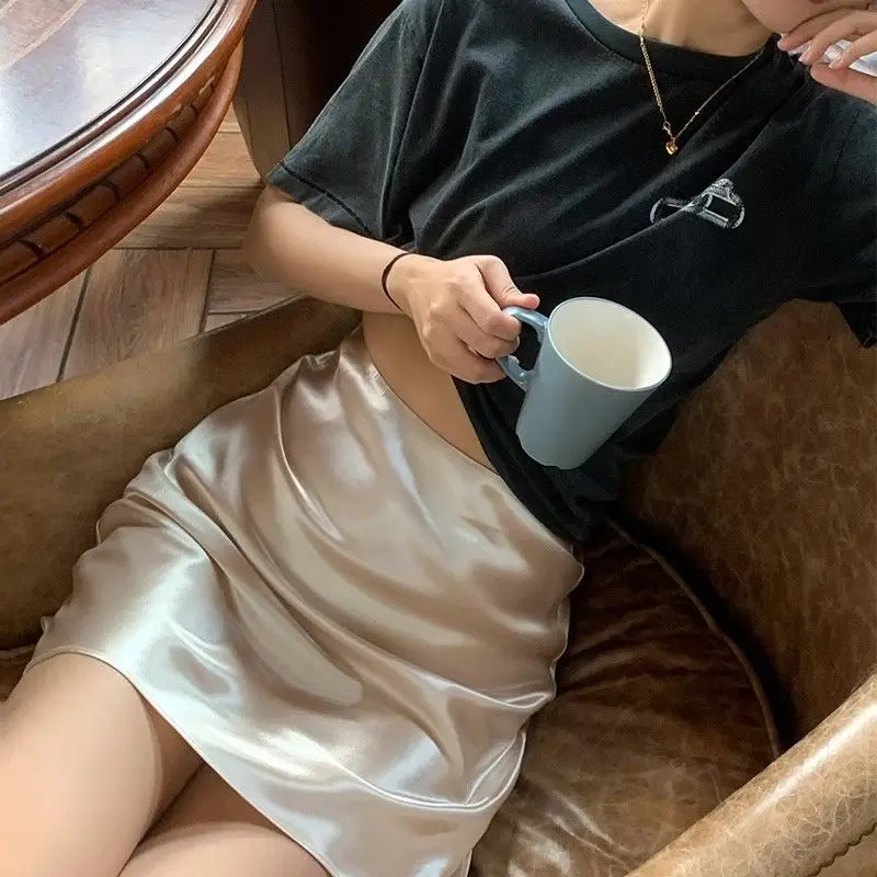 

Satin Midi Skirt Women Summer New High Waist Elegant Pure Slim Short Skirt