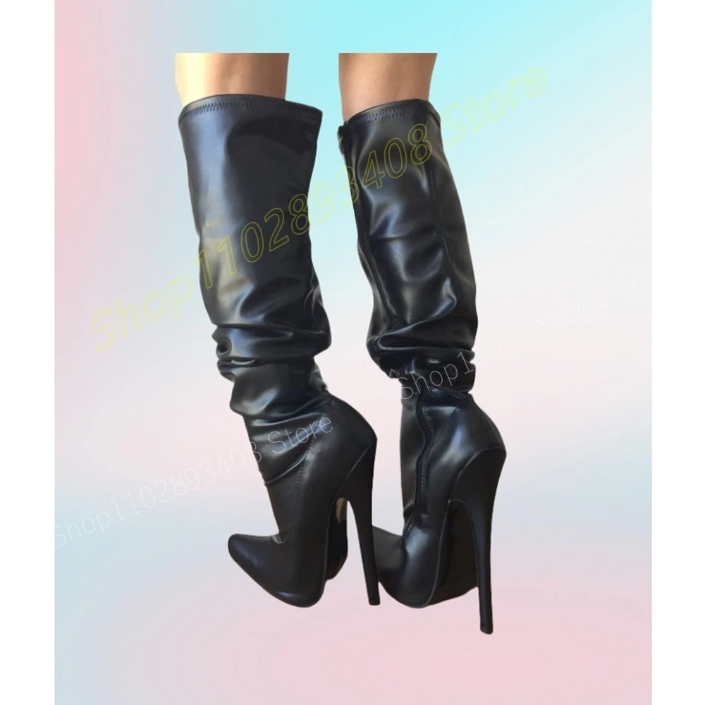 Black Matte Leather Knee High Boots Stiletto High Heel Pointed Toe Side Zipper Fashion Women Shoes 2024 Zapatos Para Mujere