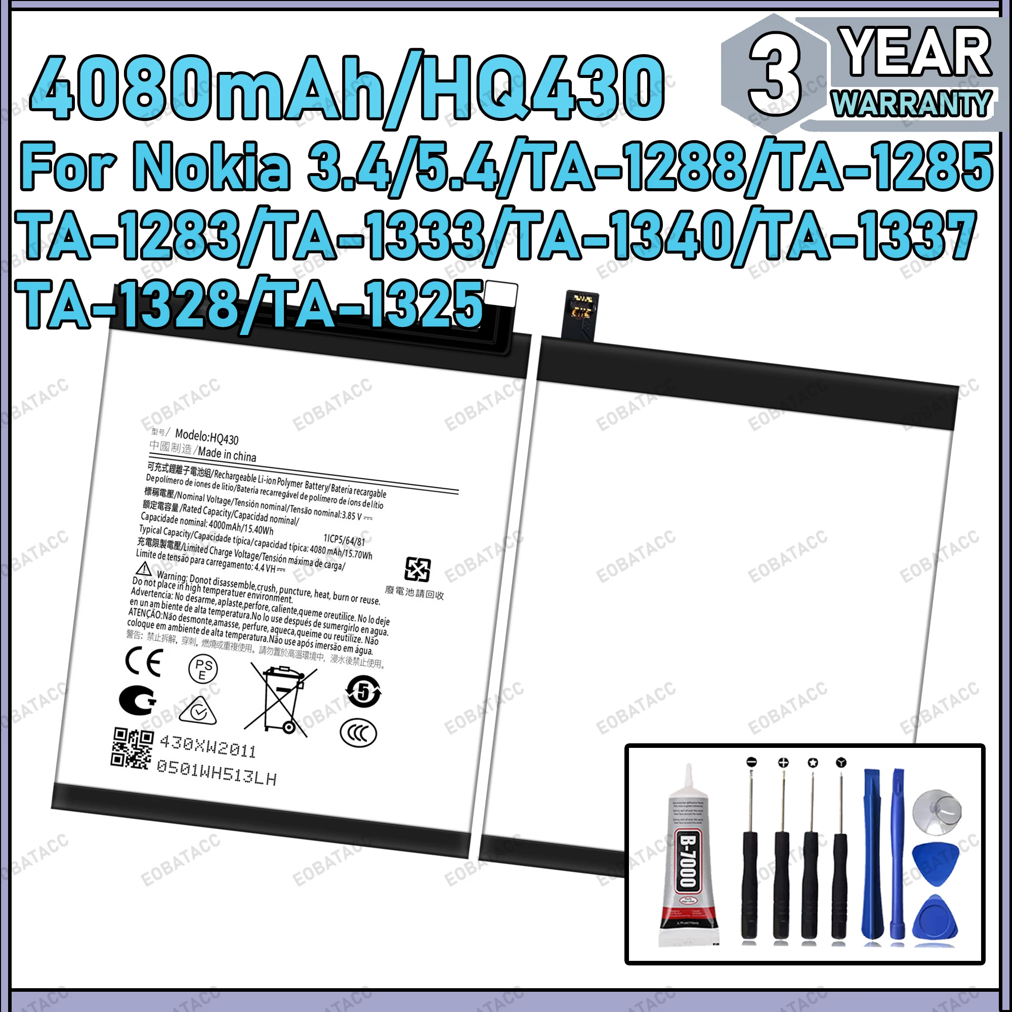 100% New Zero Cycle HQ430 Battery For NOKIA 3.4/NK5.4 /TA-1288/TA-1285/TA-1283 phone Replacement Batteries Bateria +Tools