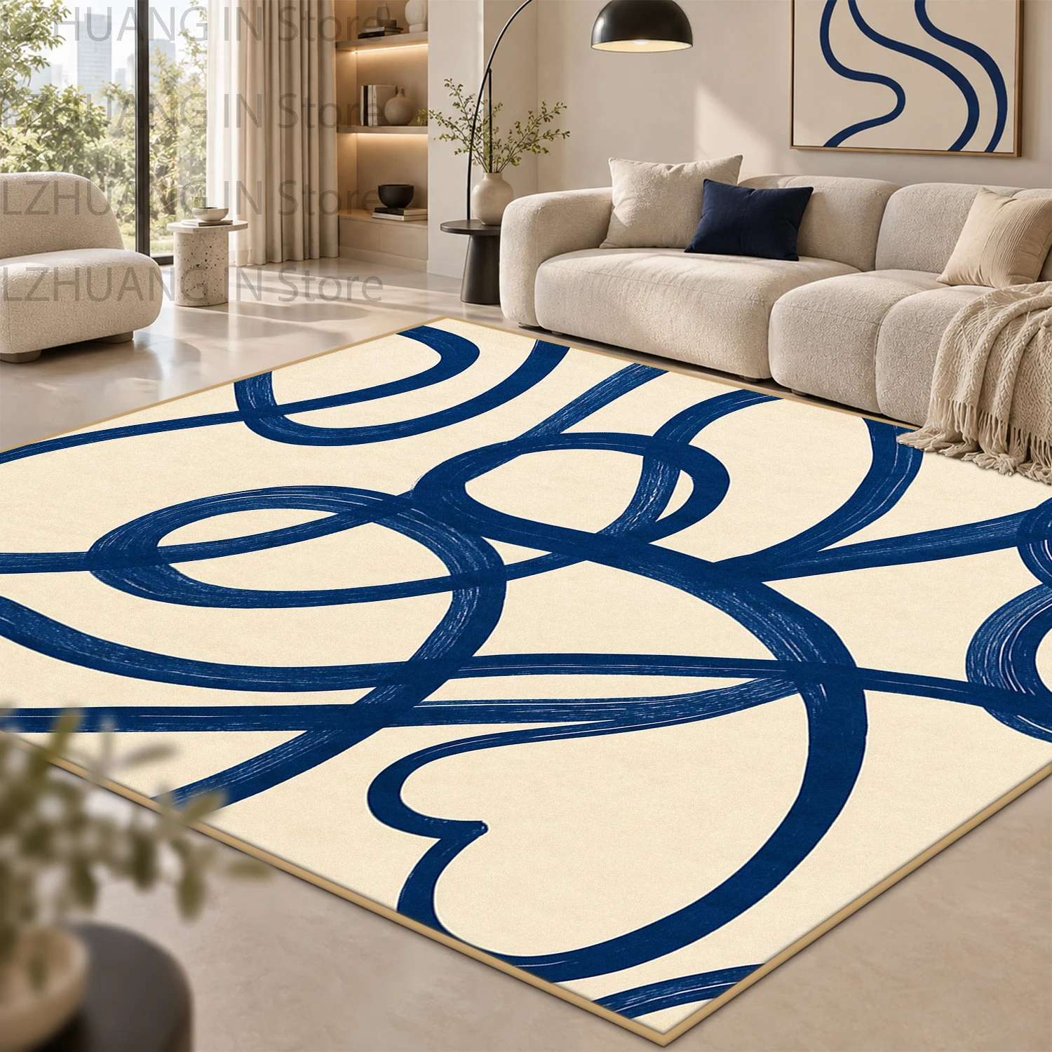 Modern Abstract Blue Curve Large Area Carpet Durable Machine Washable Living Room Rug Fluffy Non-slip Floor Mat Decor Home Room