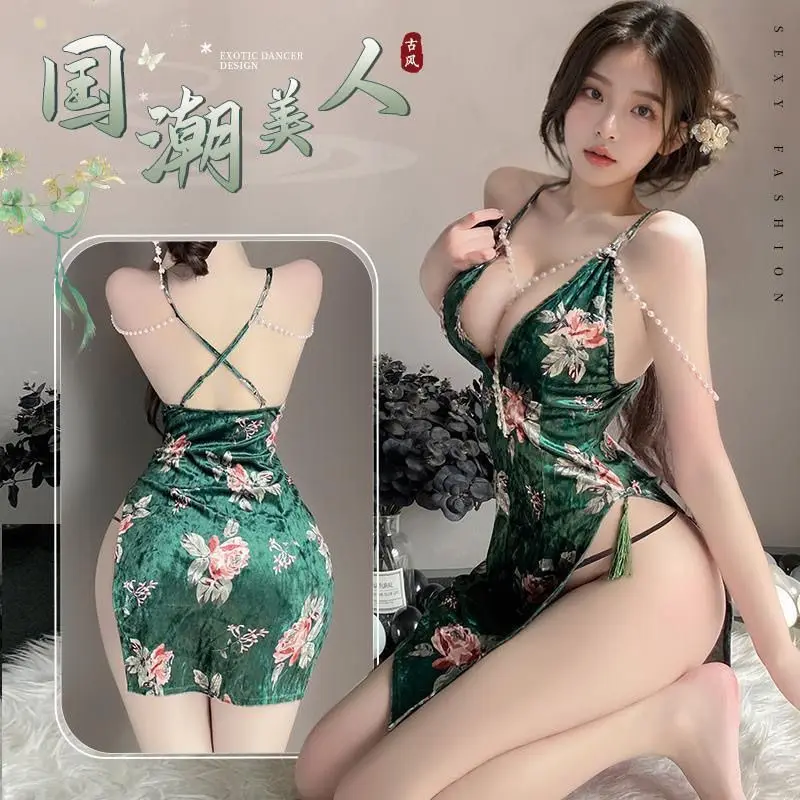 4XL Plus Size Sexy Chinese Style Cheongsam Deep V High Split Lingerie Qipao Cosplay Maid Republic of China Pearl Printing Dress