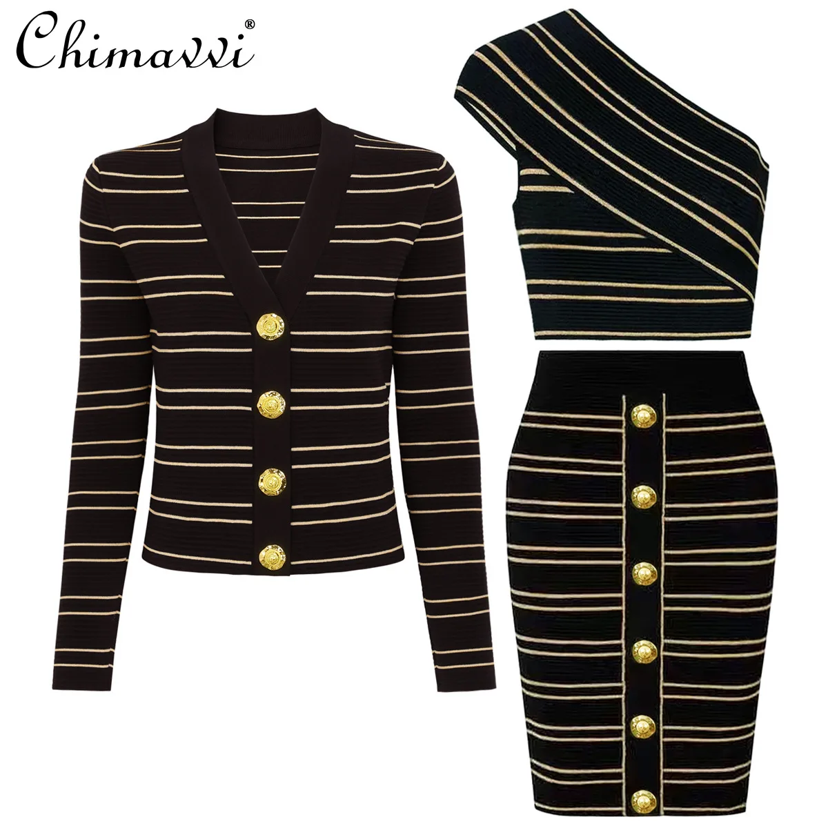 

2025 Autumn New Fashion Commuter Women's Suit Long Sleeve Slim Knit Top Gold Thread Blouse Jacket + Skirt Elegant 3-Piece Set