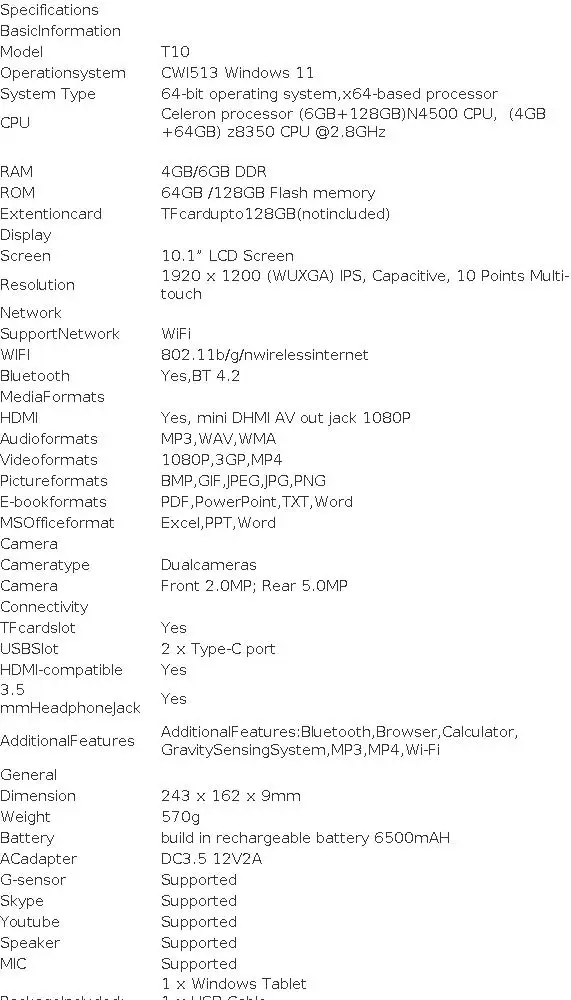 10.1'' Windows 10 CWI529 Tablet PC 4GB RAM 64GB ROM Z8300 Quad Core WIFI 1920x1080 Dual Camera