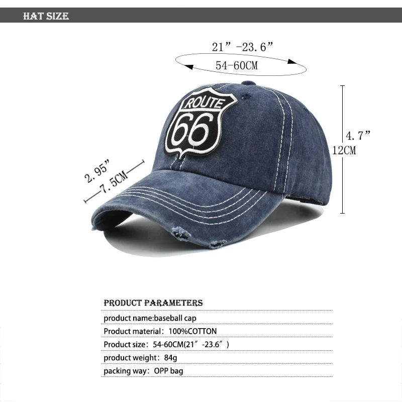 Embroidery Letters ROUTE 66 Baseball Cap Spring Autumn Brand Snapback Fashion Distressed Cotton Hat For Women Men Casquette