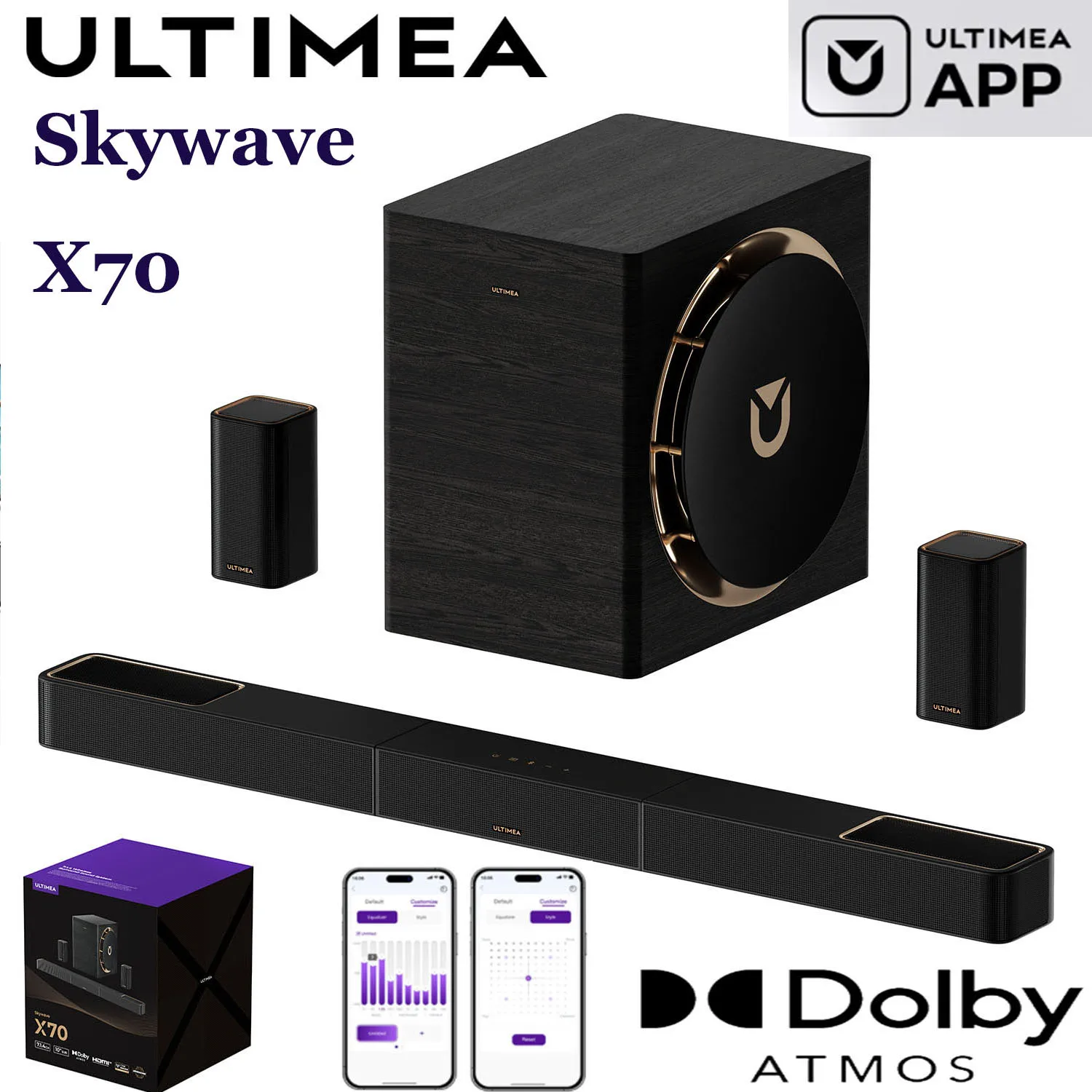 ULTIMEA 7.1.4ch barre de son syst�me sonore professionnel pour TV Dolby Atmos Home cin�ma haut-parleur Bluetooth avec caisson de basses sans fil 10 