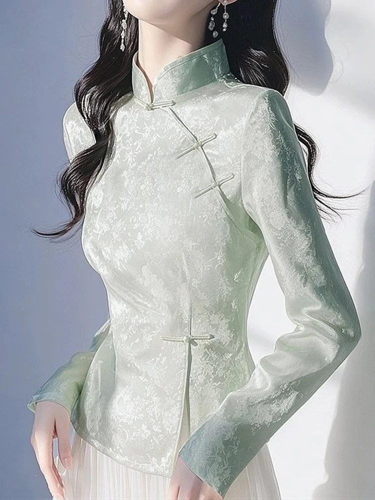 New Chinese mint green shirt women's 2025 spring new high-end retro buckle national style Tang suit stand-up collar top