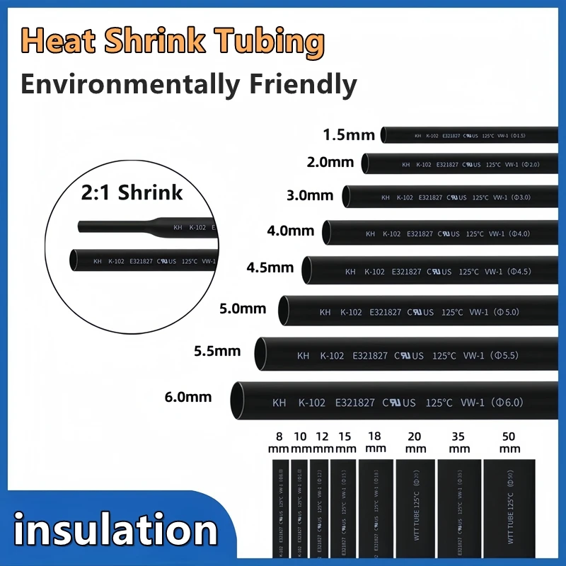 Heat Shrink Tubing Tube BLACK 1mm 1.5 2mm 2.5mm 3mm 3.5mm 4 5 6mm 9mm 18mm 22mm 50mm phone charging cable repair tube Insulated