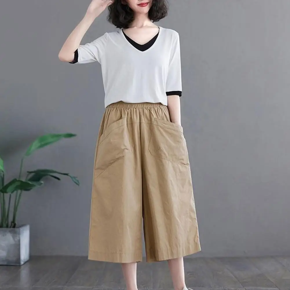 Cropped Wide Leg Pants Stylish Wide Leg Cropped Pants with Pockets for Women Elastic Waist Work Pants Solid Color Loose Fit