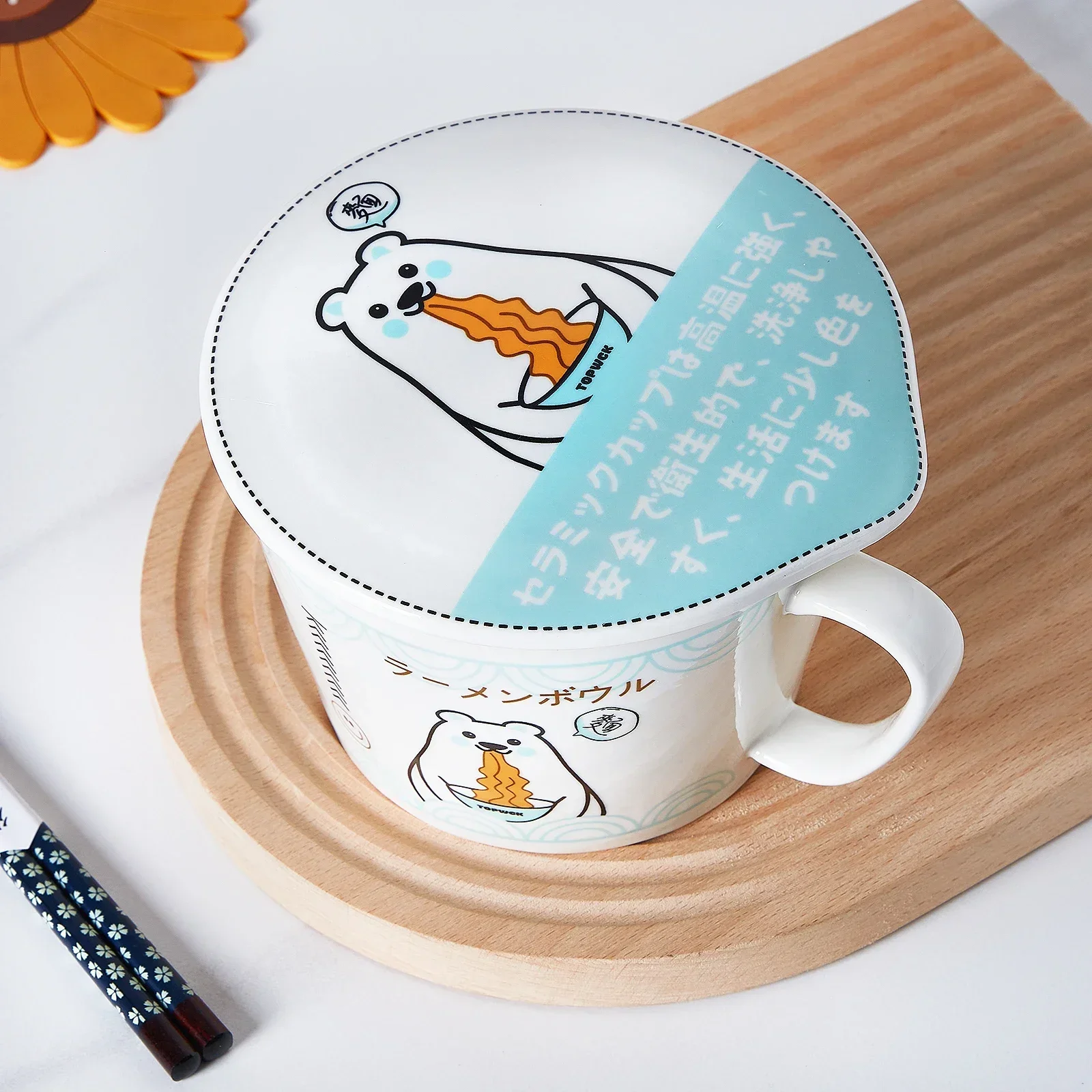 ins style Cartoon cat noodle Cup bowl creative with cover box Student lunch box instant noodle soup dinner lunch Ceramic bowl