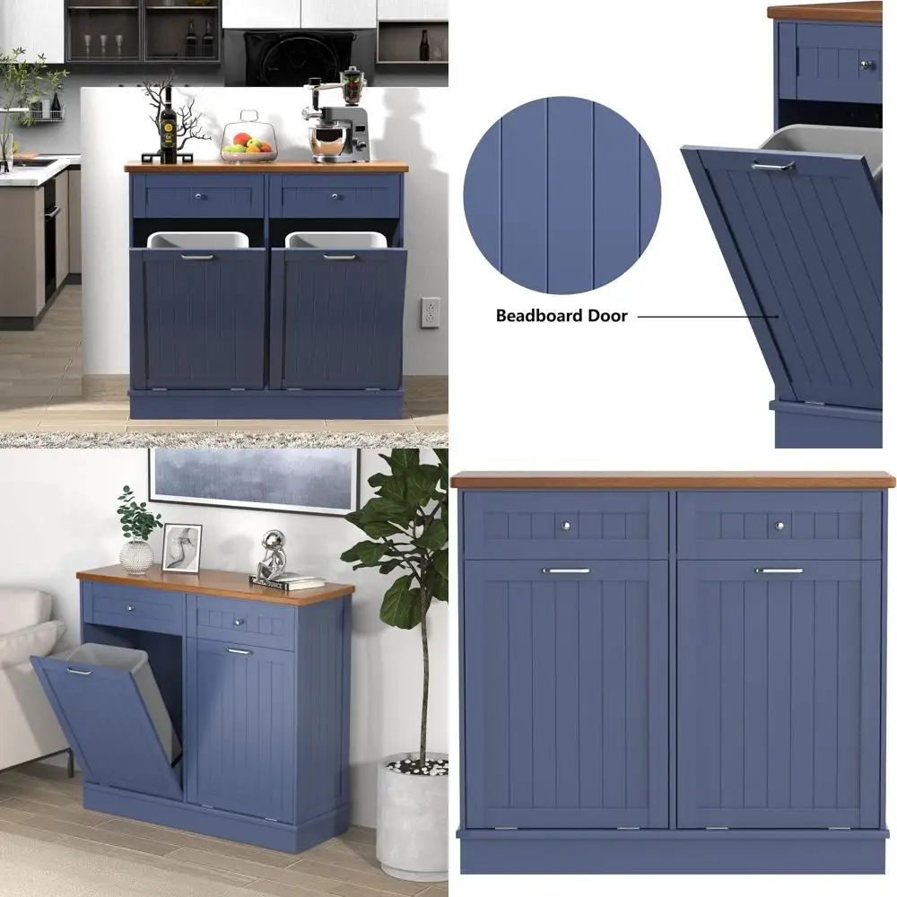 

Антикварный кухонный остров из бисера со столешницей из массива дерева, ящиком и устойчивым к домашних животным шкафом для мусора синего цвета