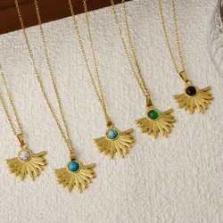 1pcs Stainless Steel Bohemian Palm Leaf Sticky Natural Stone Pendant Necklace For Women Autumn Sweater Jewelry Brief Joker