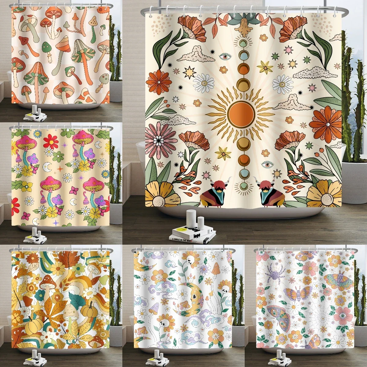 

Винтажная Радужная занавеска для душа 70-х годов, грибная луна, хиппи, цветок, солнце, луна, бабочка, ботанический винтаж, декоративная ванная комната