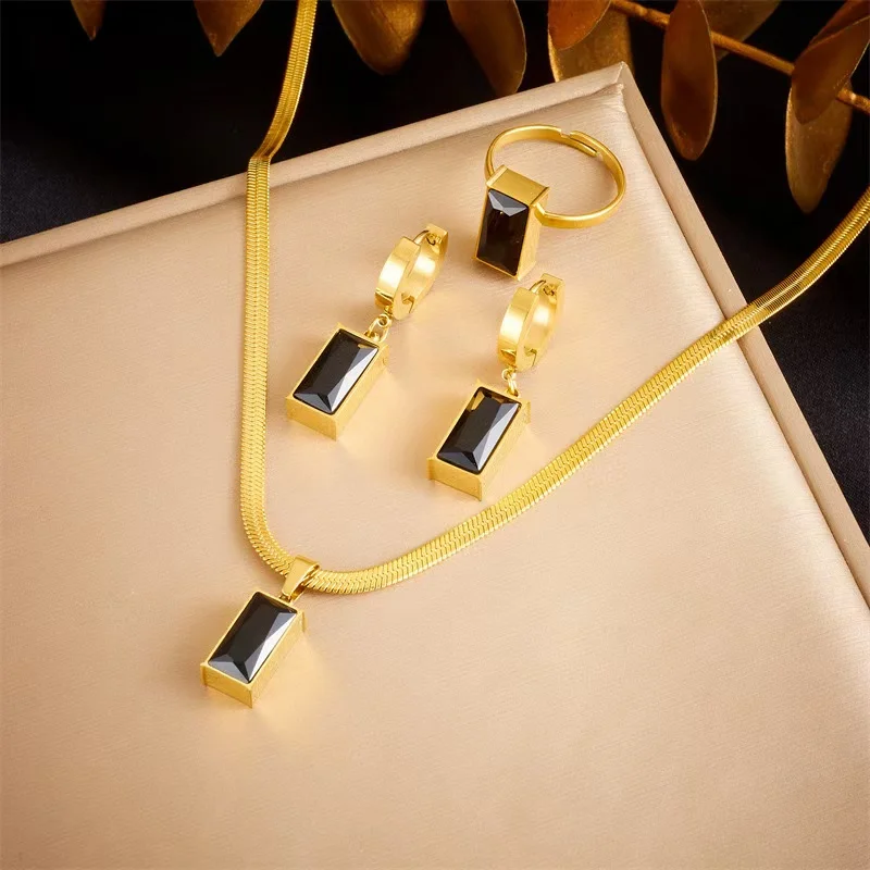 

European and American fashion minority retro inlaid black gem square pendant ring earrings necklace jewelry set