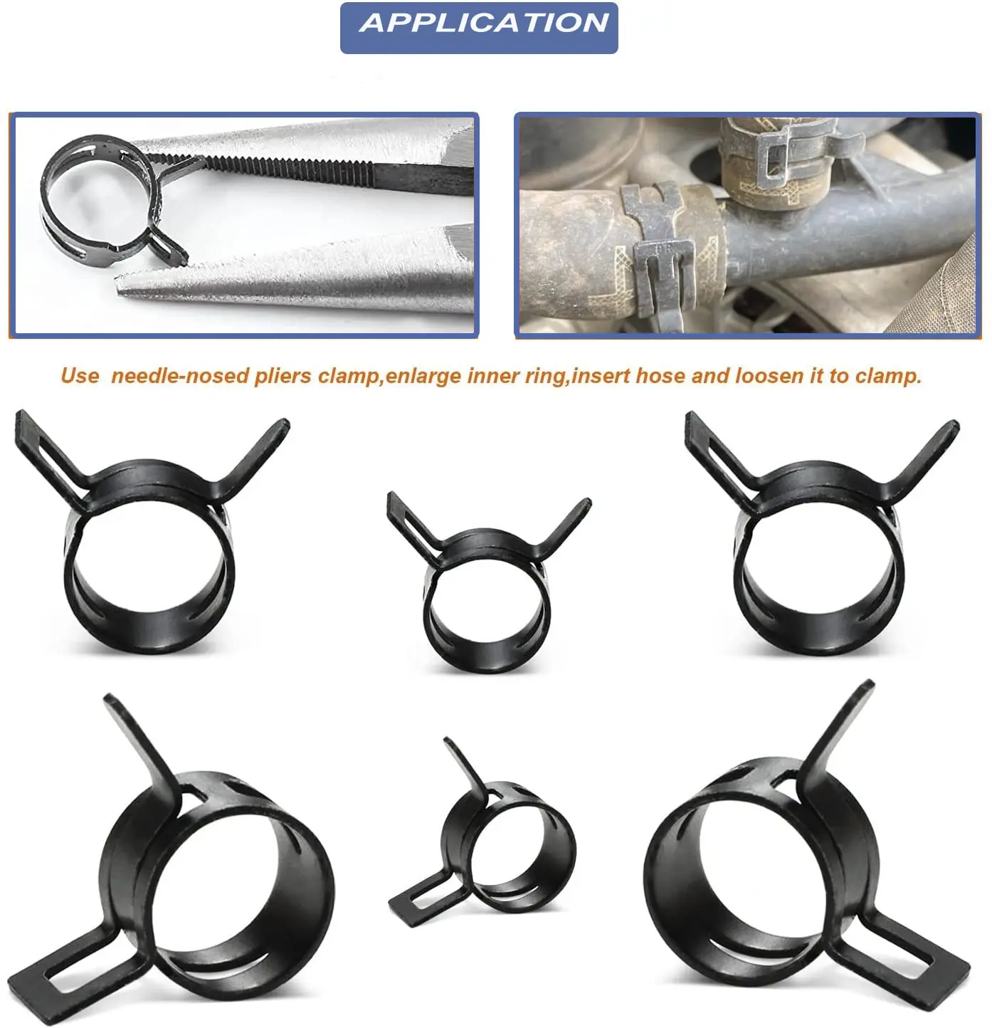 Abrazadera de banda de 100 piezas negra # 65 Acero al manganeso 7mm-34mm diámetro interior manguera resorte tipo banda acción combustible línea tubo Clip abrazadera