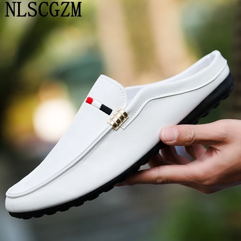 Slippers Luxury Designer Half Shoes for Men Casuales Slippers Men Luxury Summer Slippers Leather Shoes for Men Zapatos Hombre