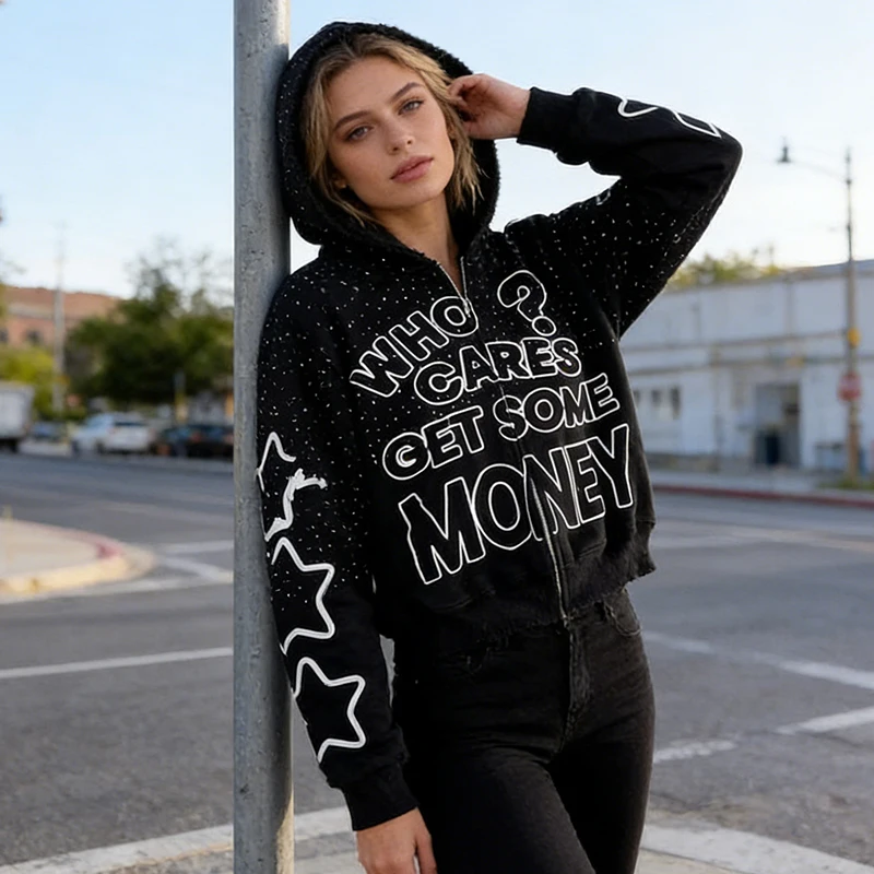 

Creative Autumn Winter Vintage Hip Hop Grunge High Street Casual Zipper Coat Polka Dot Letter Printed Loose Long Sleeved Hoodies