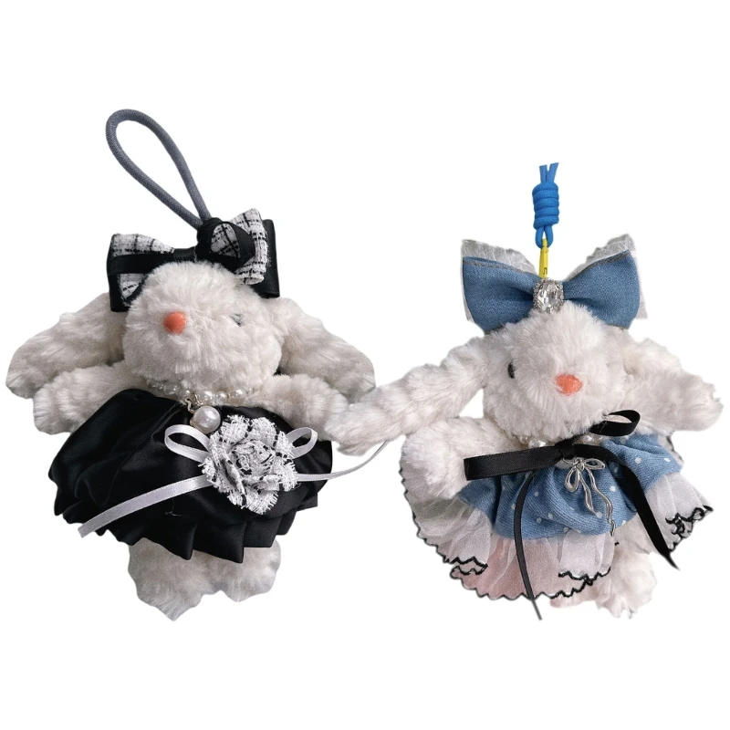 Plush Rabbit Keychain with Dress Detailing Soft Cotton Key Chain Stylish Animal Themed Bag Pendant for Fashionistas 40GB