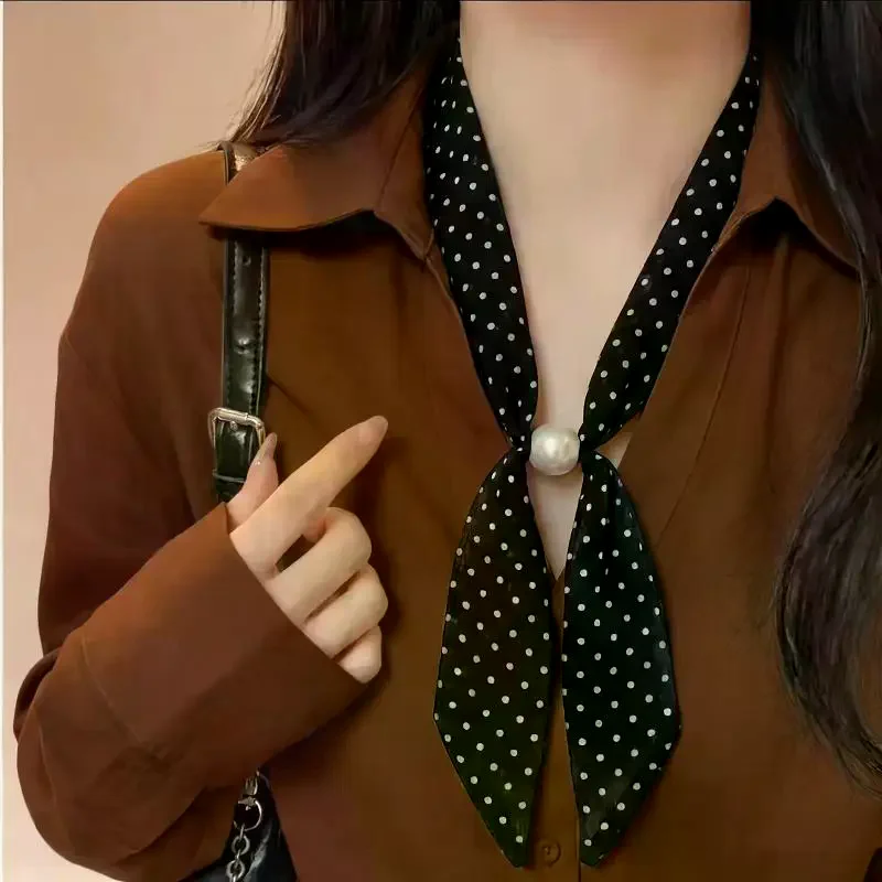 

Black Polka Dot Pearl Scarf Clip Vintage Scarf For Women French Style Shirt Collar Accessory