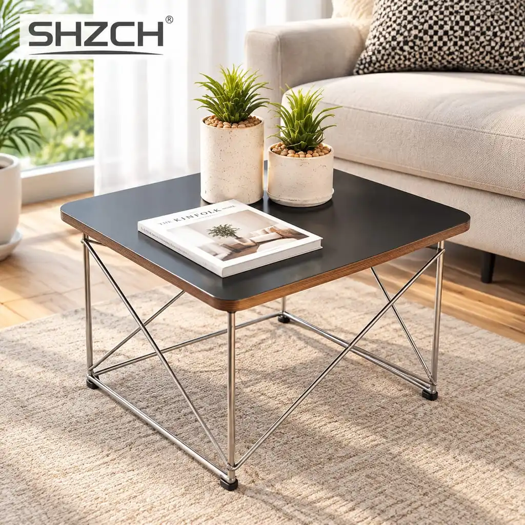 Small Sidetable LTR Low Table Plywood Rectangle Top Stainless Steel Frame Small Home Decoration Wire Base Table