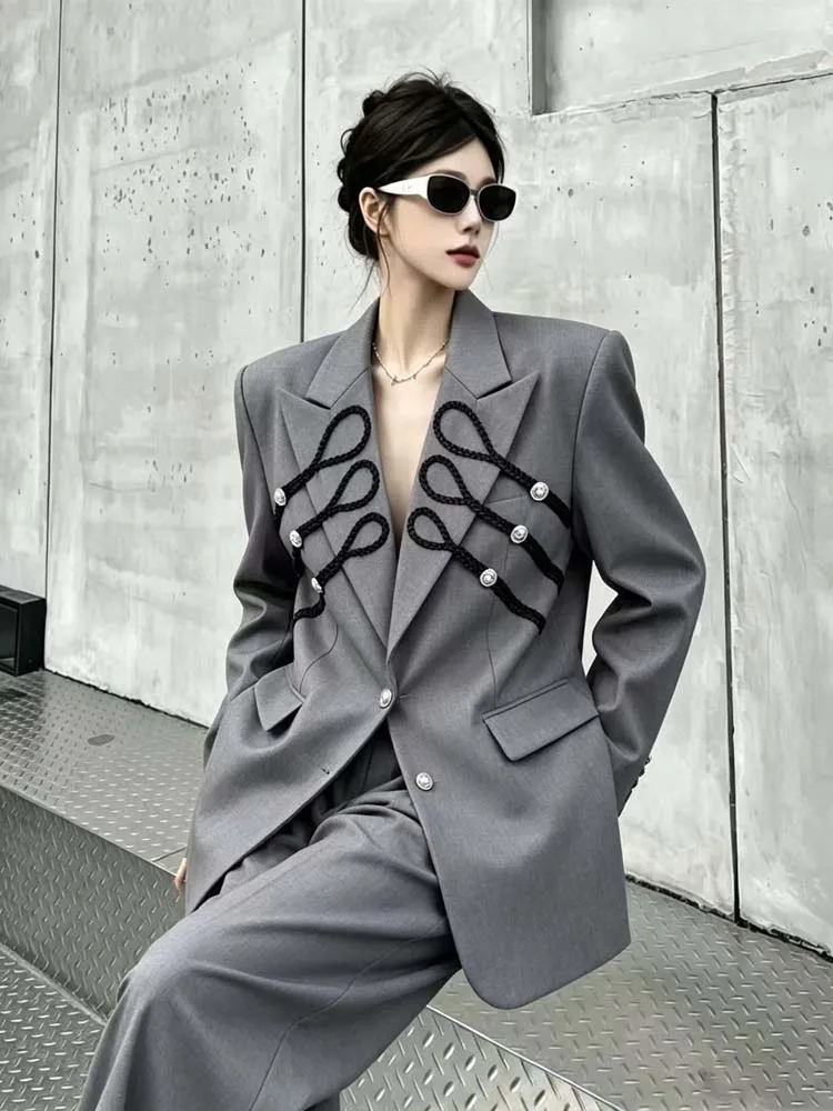 New design Braided Strap Decor blazer women Spring autumn Grey Black Oversize Notched Lapel Single Button Jacket INKEO 6O018