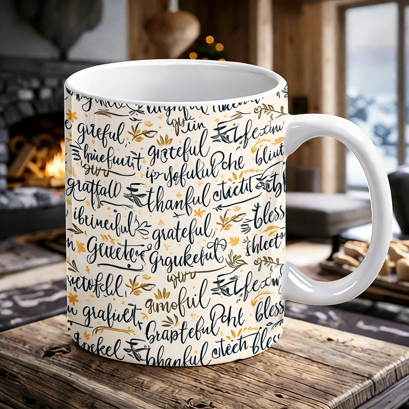 

Novelty Ceramic Coffee Mug, All-Over Print Handwritten Grateful&Thankful Words, Autumn Leaves&Florals Tea Cup,Gifts for friends