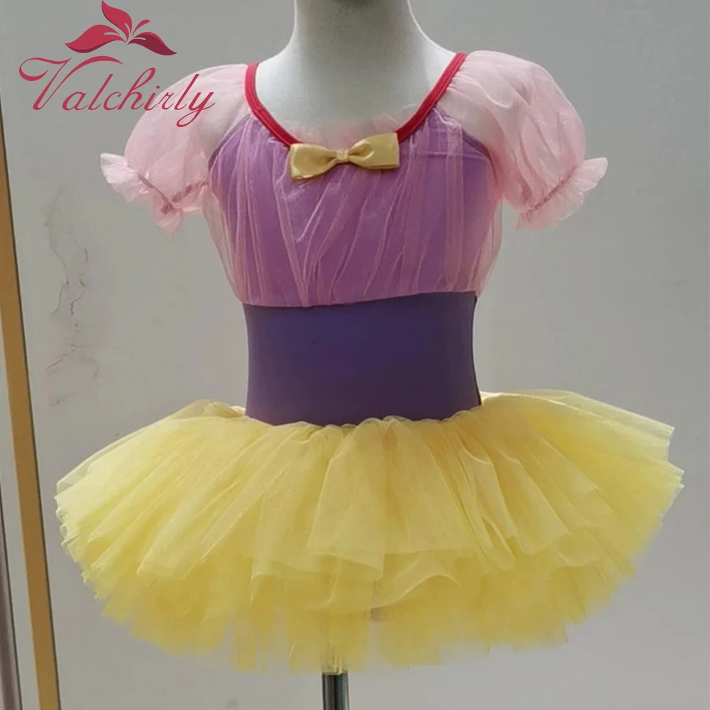 Ballerina Fairy Tutu Skirt Puffy Sleeves Bodysuit  Princess Girls Ballet Leotard for Kids