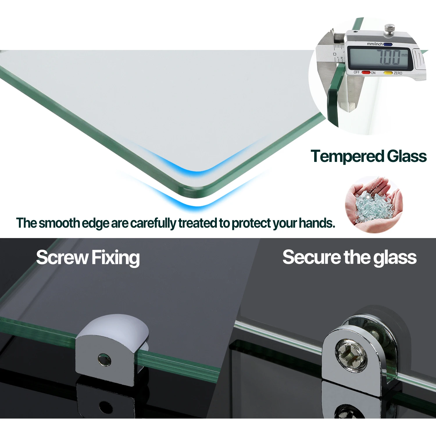 Bathroom Glass Shelf Wall Mounted 7MM Tempered Transparent Glass with Chromed Shelf Brackets 380MM Length Bathroom Accessories